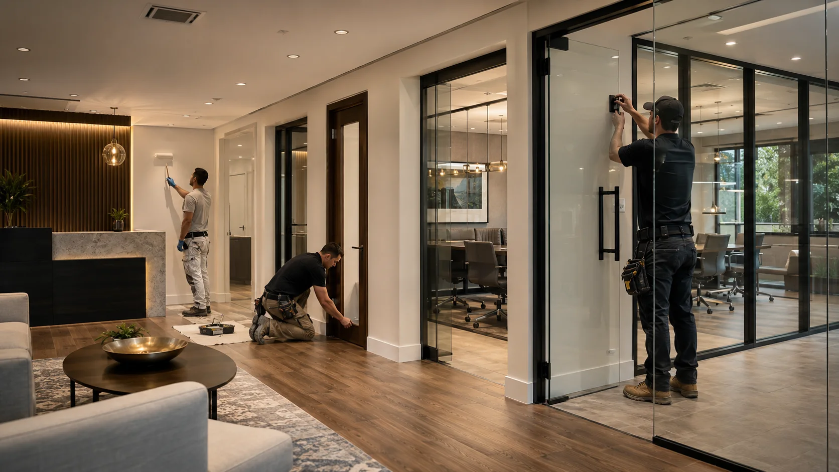 Commercial interior crew completing finish work in a modern office